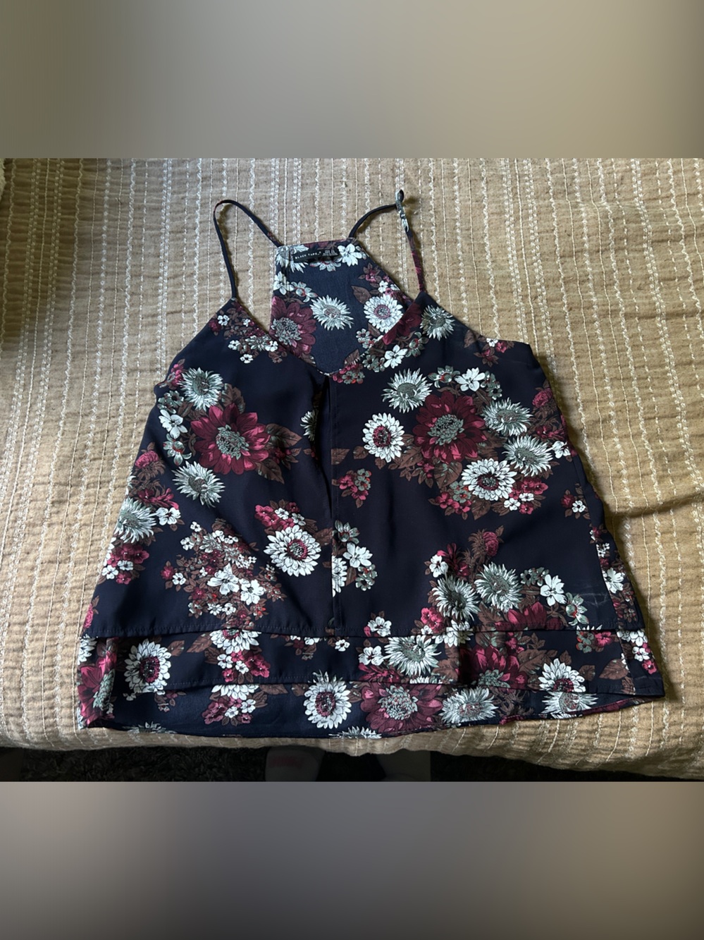 Black Tape_ Navy Floral Spaghetti-Strap Tank with Burgundy & White Blooms